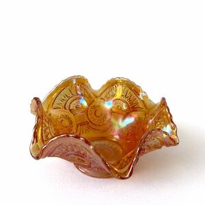 Vintage Marigold Carnival Glass Dish in a Hobstar pattern with Ruffled Rim